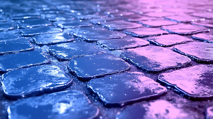 Poster - A close-up view of wet cobblestones reflecting a colorful light, creating a serene and artistic atmosphere