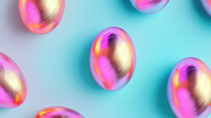 Poster - Colorful, shiny, decorative eggs on vibrant background create festive atmosphere for celebrations