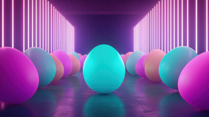 Poster - vibrant display of glowing eggs in various pastel colors, illuminated by neon lights, creates festive atmosphere