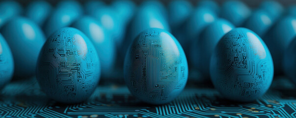Poster - Digital blue eggs with circuit patterns on tech inspired background create unique blend of nature and technology