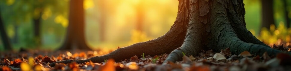 Wall Mural - roots slowly reveal sunlit bronze-toned tree trunk, texture, sunlight, tree roots