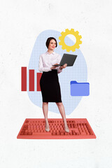 Aufkleber - Collage design composite trend artwork sketch of businesswoman stand keypad hold laptop gear job manager hiring workspace business trader