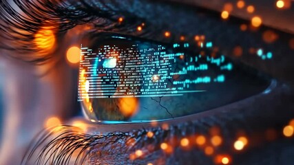 Poster - A closeup of a human eye shows intricate digital data streams and colorful particles, illustrating the blend of human perception and advanced technology in todays business landscape