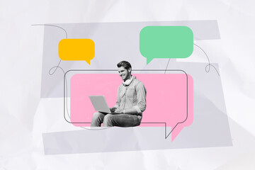 Poster - Contemporary art banner collage of happy man type laptop message icon sms correspondence concept dialogue phrase bubble chat