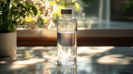 Poster - A transparent glass water bottle filled with water stands on a marble surface. Sunlight streams through a window, casting soft shadows and highlighting surrounding plants.