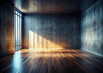 Poster - Silhouette Photography: Empty Room, Wooden Floor, Concrete Wall - 3D Render