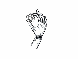 Poster - Robotic hand gently holding a gear, symbolizing technology, precision, and human-machine interaction in a clean