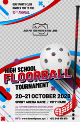 Wall Mural - floorball tournament poster template with ball, stick and place for photo