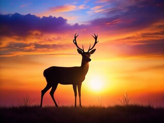 Poster - Silhouette of a Deer in a Subdued Orange and Purple Sunset Landscape