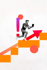 Poster - 3D collage design composite trend artwork sketch of job manager hiring workspace business young man walk up ladder type laptop aim goal