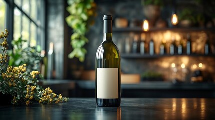 Poster - A wine bottle stands prominently on a dark surface in a stylish kitchen. Natural light filters through a large window, creating a warm atmosphere enhanced by green plants and ambient lighting.