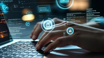 Poster - Closeup of hands typing on a sleek laptop, surrounded by colorful holographic data visuals, showcasing the dynamic intersection of business and technology in modern work environments
