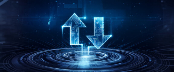 Poster - Glowing blue arrows, up and down, on a dark circular tech platform, symbolize data transfer, digital exchange, or network communication, ideal for technology or website backgrounds