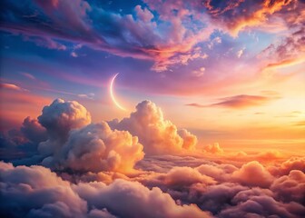 Poster - Serene Pastel Sunset Sky: Crescent Moon and Fluffy Clouds Stock Photo