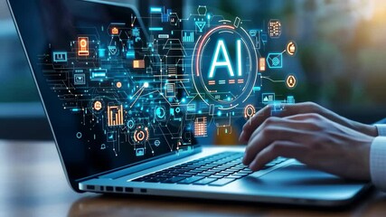 Poster - A dedicated individual focuses on a sleek laptop displaying vibrant AIgenerated graphics, symbolizing the fusion of artificial intelligence with modern business strategies and practices