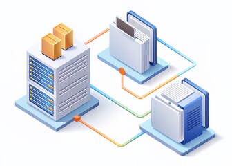 Poster - Secure FTP File Transfer & Backup: Isometric Illustration of Data Exchange and Server Synchronization