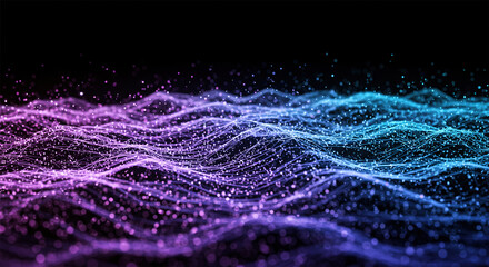 Fototapete - Light blue and purple lines glowing in the background, bits of data floating in the air.
