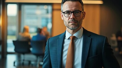 Poster - A confident business executive stands in a modern office while a team of professionals collaborates, showcasing the blend of professionalism and advanced technology in the workplace