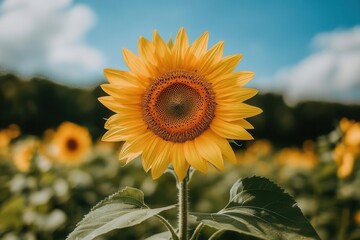 Aufkleber - Sunflower in bloom under the golden sunset in a field filled with vibrant yellow flowers during the late afternoon