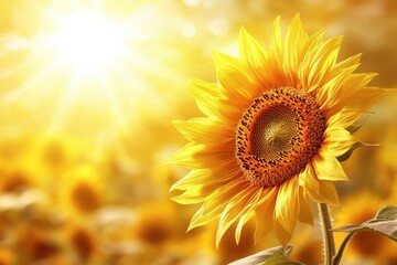 Aufkleber - Sunflower in bloom under the golden sunset in a field filled with vibrant yellow flowers during the late afternoon