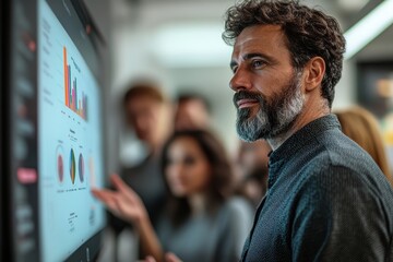 Poster - Engaging with digital displays in a modern tech exhibition during the day in a vibrant urban setting