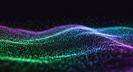 Fototapete - Light green and purple lines glowing in the background, bits of data floating in the air.