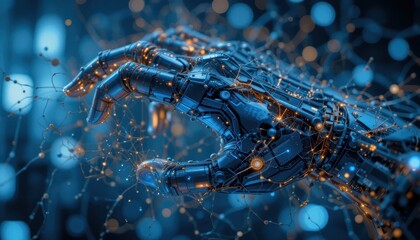 Poster - Futuristic robotic hand grasping digital particles technological environment 3d render science fiction concept close-up perspective
