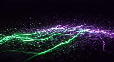 Fototapete - Light green and purple lines glowing in the background, bits of data floating in the air.
