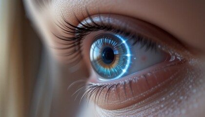 Poster - Futuristic eye technology showcase urban environment digital art close-up view visual innovation concept for enhanced perception