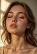 © Sajal.savar - Closed Eyes Portrait of a Young Beautiful Woman with Glowing Skin in Warm Sunlight. Closeup of Sun Kisses Photography.