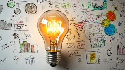 Poster - A glowing lightbulb shines against a dynamic backdrop of colorful business graphs and sketches, symbolizing innovation, creativity, and the intersection of technology and business