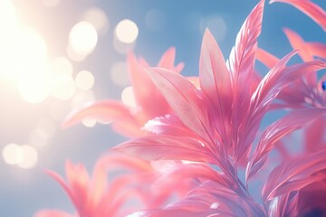 Poster - Lush green palm leaves basking in warm sunlight with soft bokeh background, creating a serene tropical atmosphere