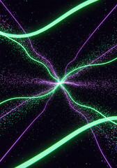 Fototapete - Light green and purple lines glowing in the background, bits of data floating in the air. Vertical framing.