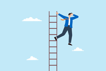 Poster - Flat illustration of confident businessman climb ladder high in sky looking toward future