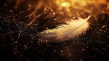 Golden feather resting on dewy spider web in sunlight