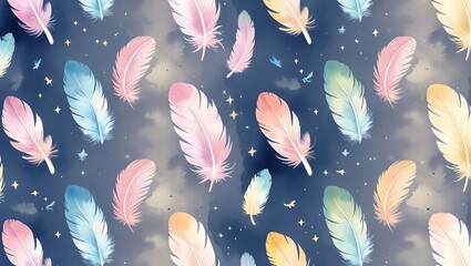 Wall Mural - pastel feathers dreamy watercolor pattern