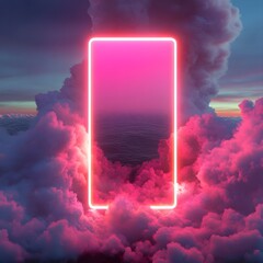 Poster - Neon rectangle between colorful clouds