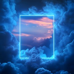 Poster - Neon rectangle between colorful clouds
