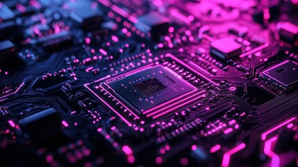 Poster - Close-up of a vibrant circuit board with neon pink lighting effects