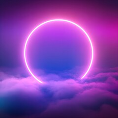 Poster - Neon circle between colorful clouds