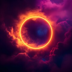 Poster - Neon circle between colorful clouds