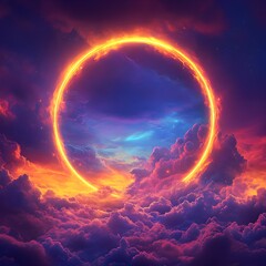 Poster - Neon circle between colorful clouds