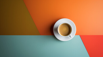 Poster - Minimalistic background copy space with cup and plate. Mug on colored background. Minimalistic geometric forms table copy space.