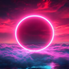 Poster - Neon circle between colorful clouds