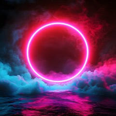 Poster - Neon circle between colorful clouds