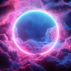 Poster - Neon circle between colorful clouds
