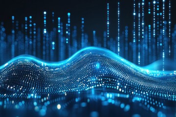 Poster - abstract digital wave with glowing blue particles in dark space