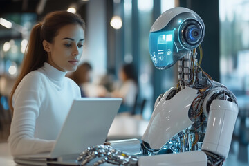 Aufkleber - woman is sitting at a table with a laptop and a robot. The robot is white and has blue eyes. The scene is set in a restaurant or a cafe. The woman is using the laptop