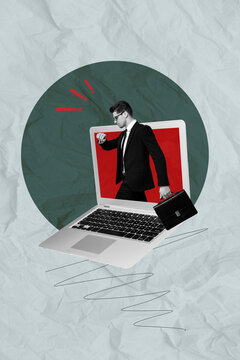 Image vertical 3d collage poster of serious businessman walk laptop device look wristwatch freelancer occupation exclamation mark