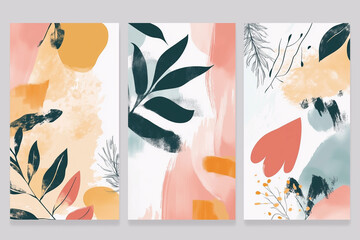 Poster - Three colorful paintings of flowers and leaves. The paintings are abstract and have a lot of brush strokes. The paintings are arranged in a row and are titled 